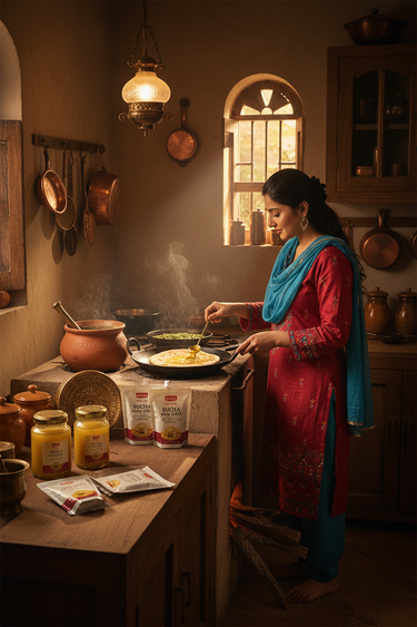 Vertical image 750x1124px. Pakistani kitchen with warm, cozy lighting. Woman in traditional dress using Sucha Desi Ghee to cook saagh or roti. Include ghee jars, tins, and pouches on counter. Rustic kitchen, golden ghee highlighted, vibrant and authentic, lifestyle-focused, premium look.